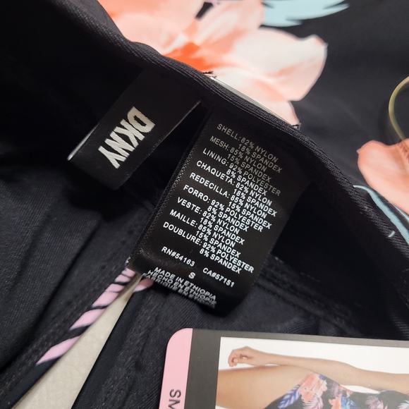 New DKNY Swimsuit Halter Shirred Waist Island Tropical Black Coral Small Lined - Picture 8 of 9